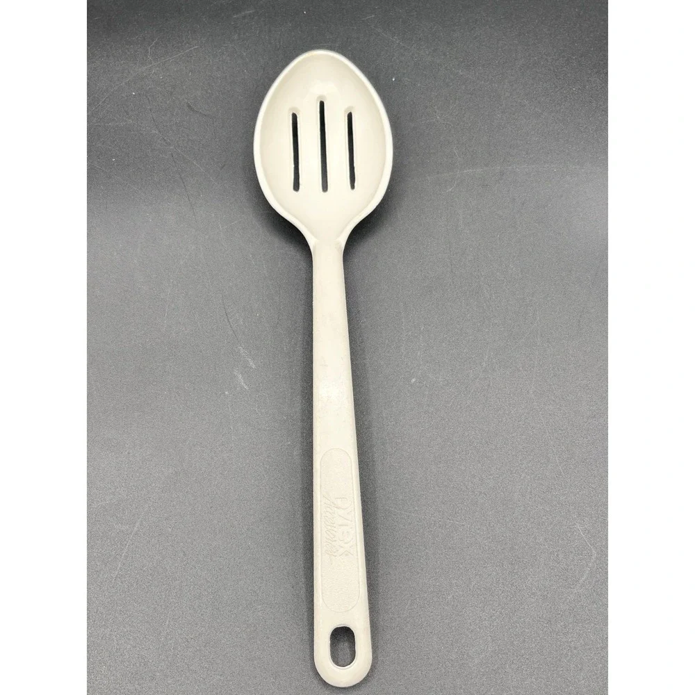 Vtg Pyrex Accessories Heavy Slotted Spoon Almond Cream Plastic Made in USA 11.5